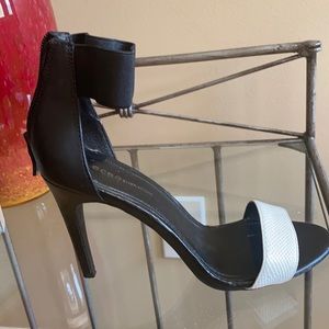 Black and white open toe sandals